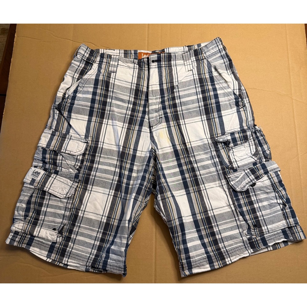 Lee Dungarees Mens Plaid Cargo Shorts Blue White Yellow Size 34 2182038
